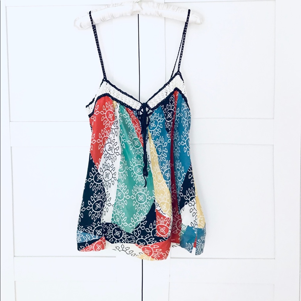 NWT BCBG Silk Navy Multicolor Boho Tank Top S